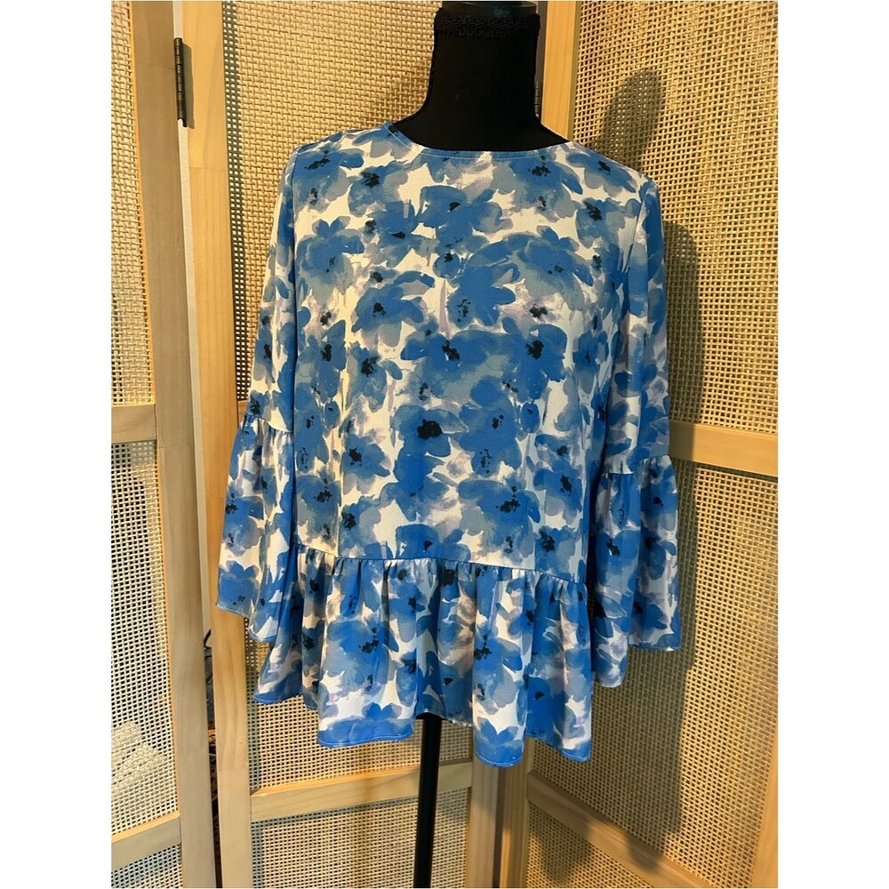 J.Crew Blue Watercolor Floral Peplum Bell Sleeve Top Size XS NWOT